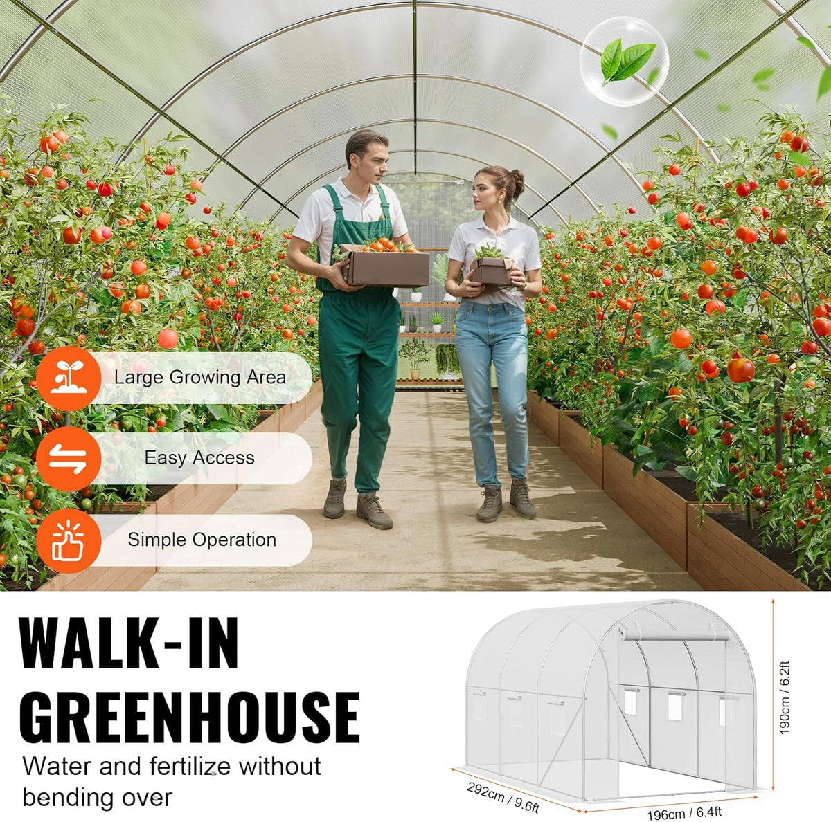 VEVOR Walk-in Tunnel Greenhouse, 9.6x6.4x6.2 ft Hoop House Greenhouse Tunnel, Plant Hot House with Galvanized Steel Frame, White PE Cover, Roll-up Zipper Door and 6 Windows for Outdoor