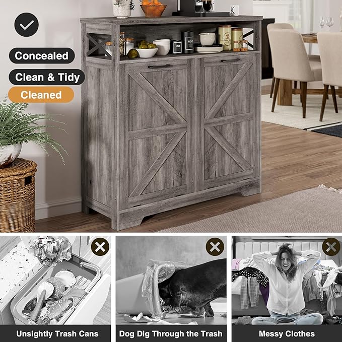 Befrases Double Tilt Out Trash Can Cabinet for 13 * 2 Gallon Garbage Can, Farmhouse Kitchen Garbage Trash Bin for Hidden Laundry Basket, Dual Dog Proof Recycling Cabinet for Dining Living Room, Grey