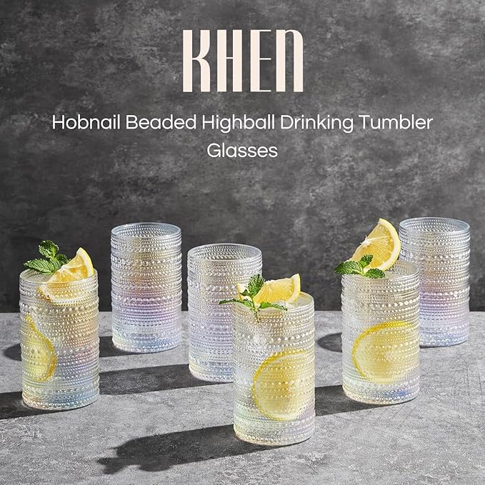 Hobnail Beaded Highball Drinking Tumbler Glasses | Set of 6 | Iridescent Pearl Vintage Bubble Design Glassware, Old-Fashioned, Embossed Design, Water, Wine, Cocktail Embossed Heavy Glass, Rocks Glass