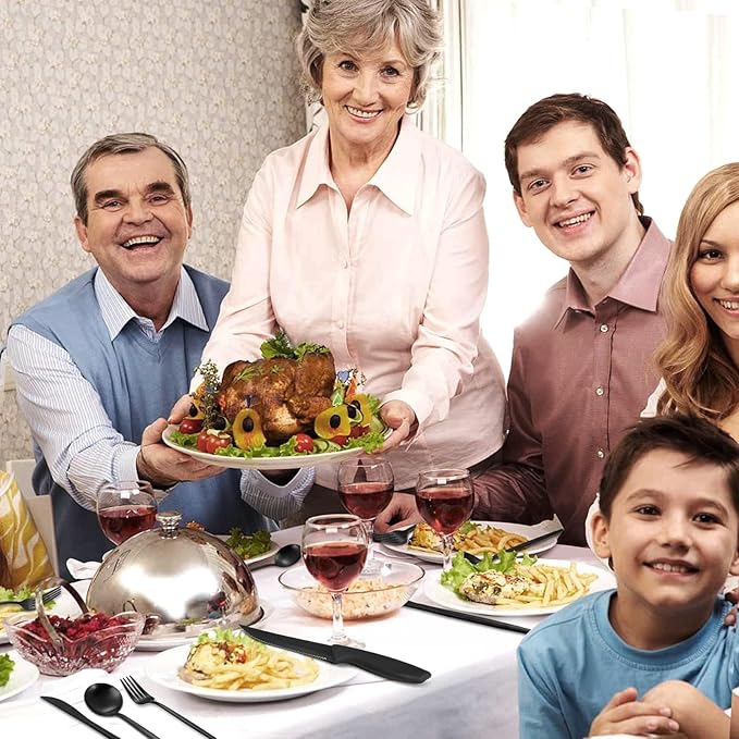 24 Pieces Matte Black Silverware Set with Steak Knives,Satin Finish tableware Cutlery Set for Home and Restaurant,Matte Knife Spoon and Fork Sets Service for 4,Dishwasher Safe