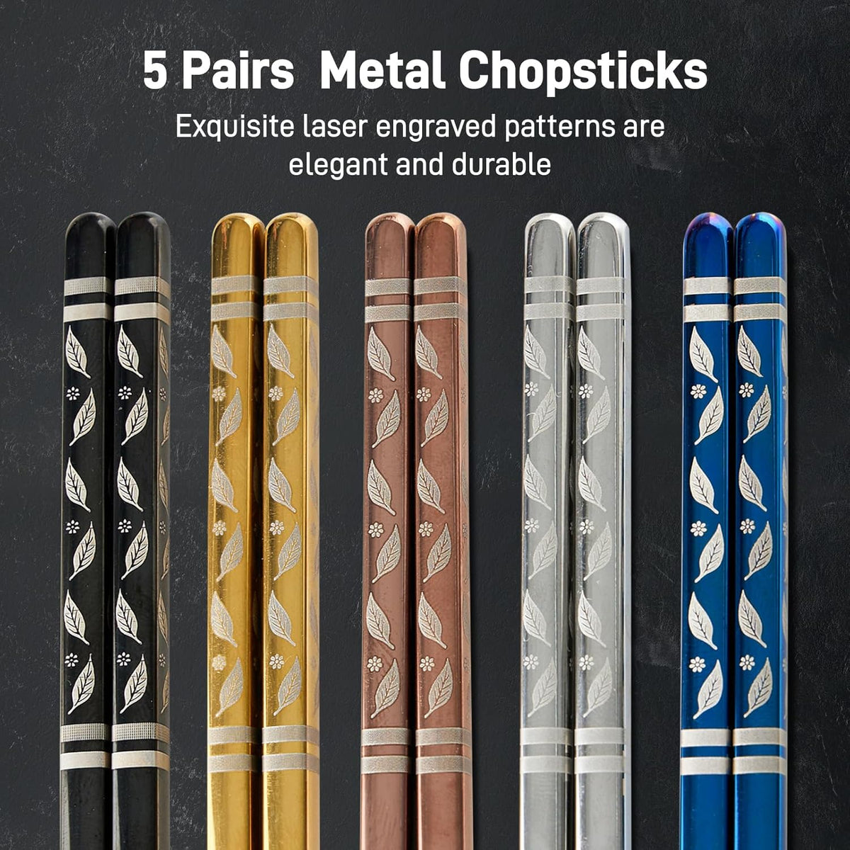 Metal Chopsticks Reusable 5 Pairs Stainless Steel Chopsticks Japanese Chinese Korean Metal Chop Sticks Dishwasher Safe Non Slip Cute Laser Engraved 9.25 Inch for Cooking Eating Gift Set
