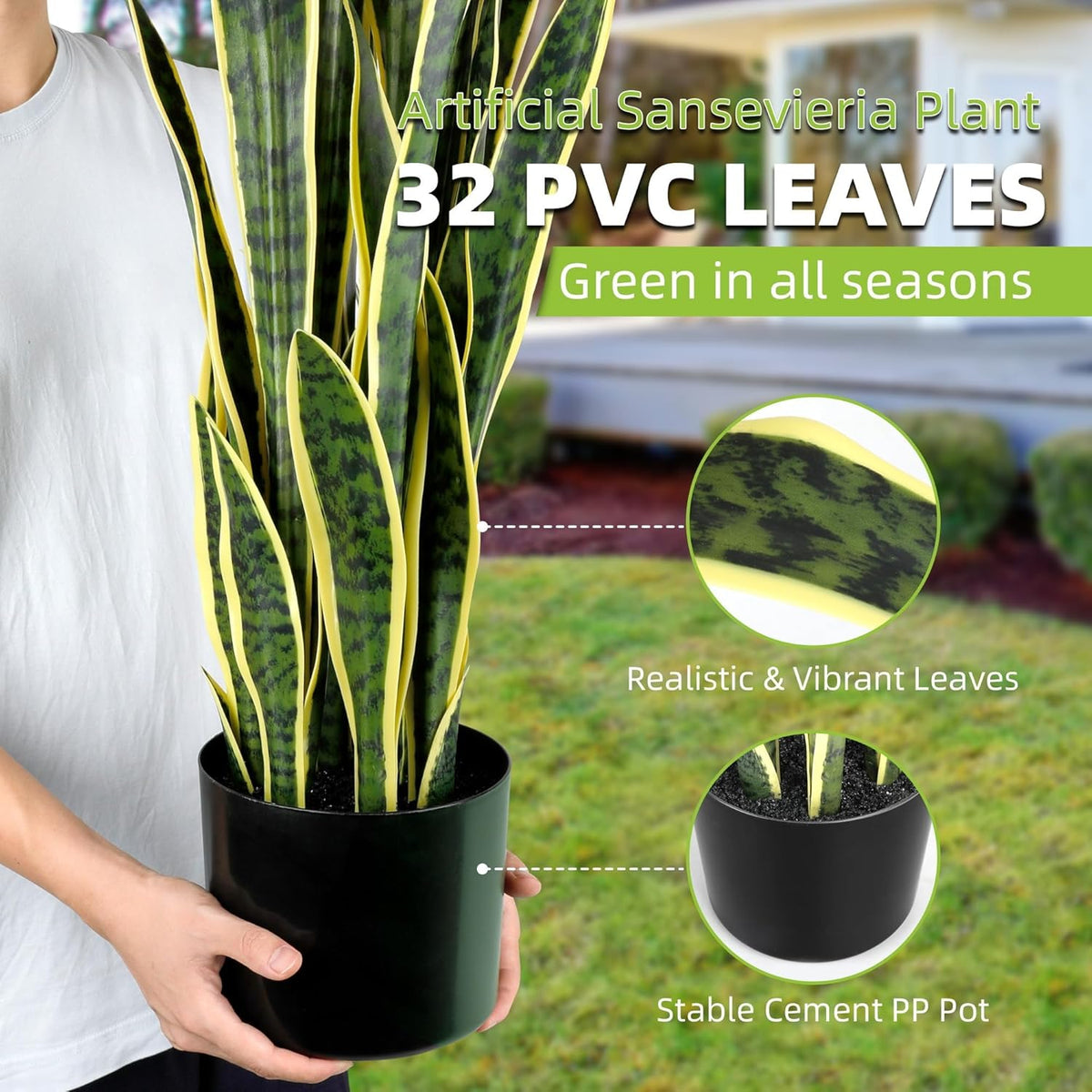 KOL 3ft 2PCS Artificial Snake Plant, 32 PVC Lifelike Leaves, 35in Faux Sansevieria for Indoor Home & Garden Decor, Potted Mother-in-Law's Tongue Plants, Yellow