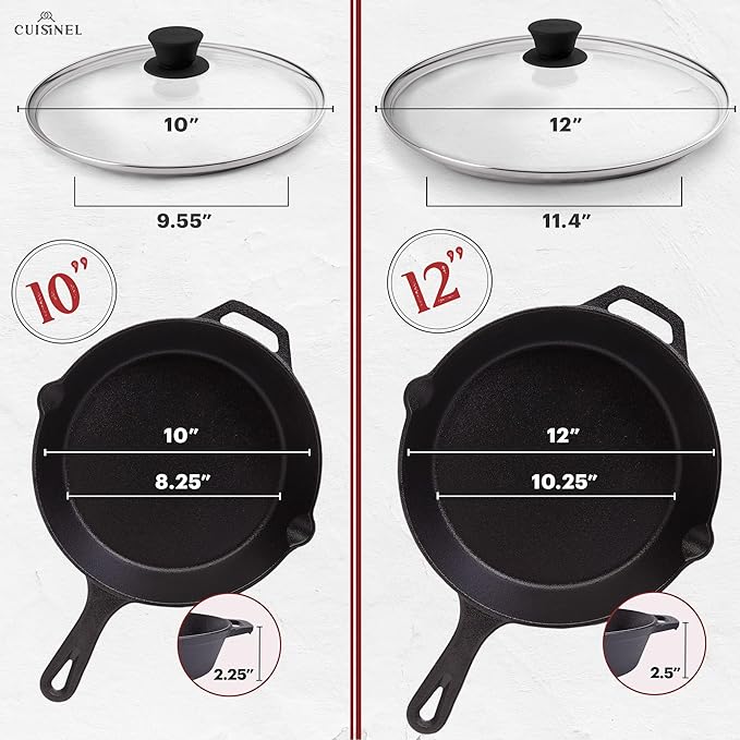 Cuisinel 6"+8"+10+12"-Inch Cast Iron Skillets Set + Glass Lids + Silicone Handle Grips - Pre-Seasoned Frying Pan - Oven Cookware - Use Indoor/Outdoor, Grill, Stovetop, Fire, Camping, Kitchen