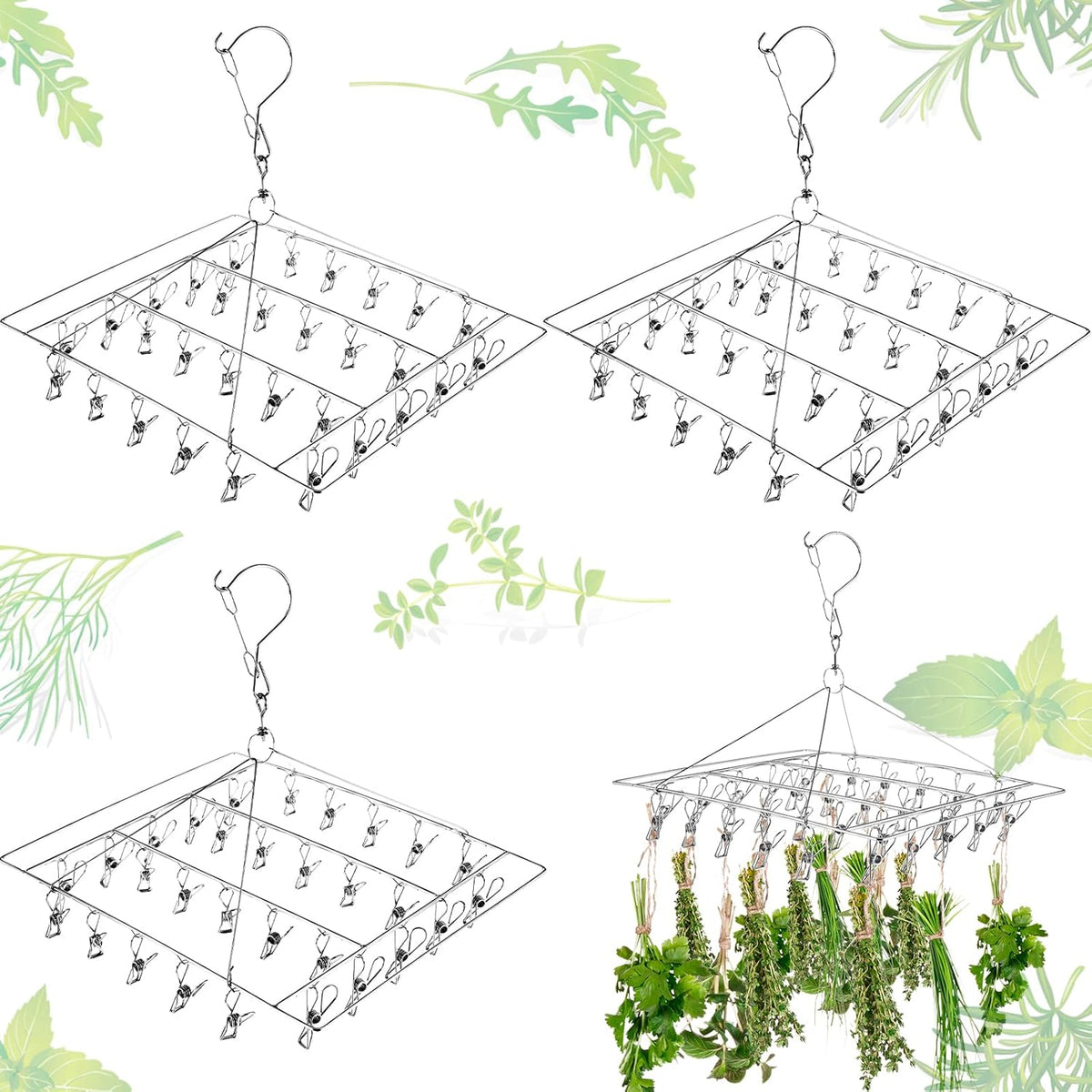 Bokon 4 Pcs Hanging Drying Rack for Herb Macrame Flower with Stainless Clip Dryer Hook for Drying Herb Air Plants Spices Flower Hydroponic Plant Ready to Use with Ceiling Hook(Square)