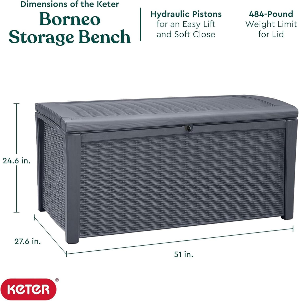 Keter Outdoor Storage Deck Box for Patio, Backyard & Garden, Borneo, 110 Gal, Grey - Lockable, Organizing, and Waterproof Plastic Container Bench