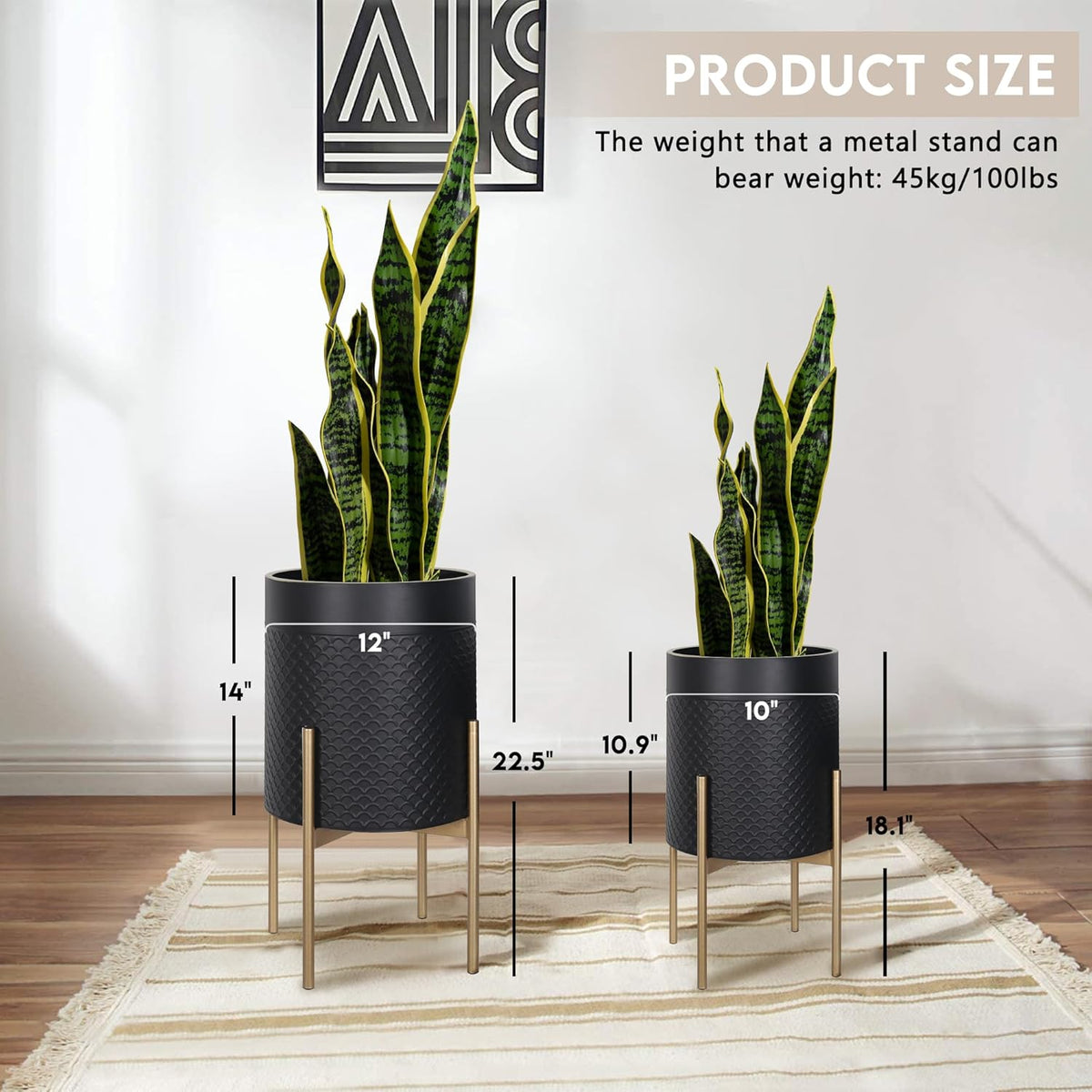 Oakrain Planters for Indoor Plants, Set of 2 Mid Century Modern Planter with Stand, Decorative Metal Planter Pots for Living Room, Office, Garden or Balcony, Black, 10"&12"