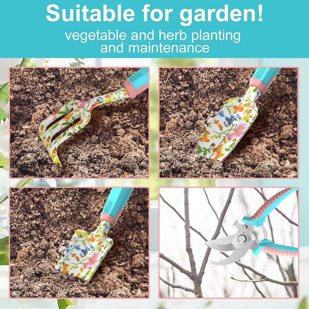 6 Pcs Garden Tool Set, Gardening Hand Tools Aluminum Alloy Starter Kit with Garden Bag, Heavy Duty Outdoor Tool Set with Ergonomic Handle, Gardening Gifts (Flower Pattern)
