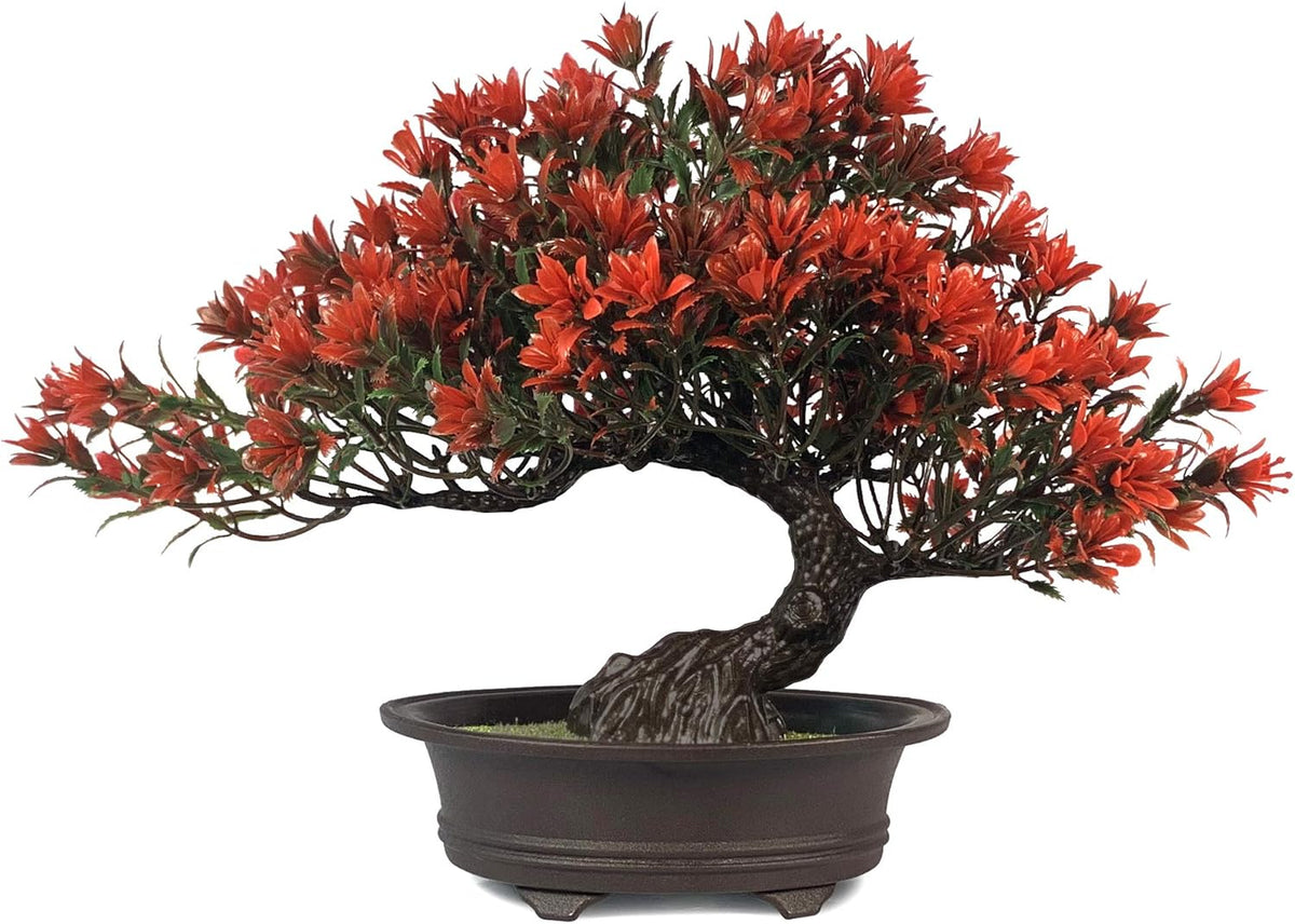 Fake Plants Plastic Artificial Bonsai Tree, Red Bonsai Tree for Home Bedroom Office Desk Farmhouse Room Decor, Tall 9.5"