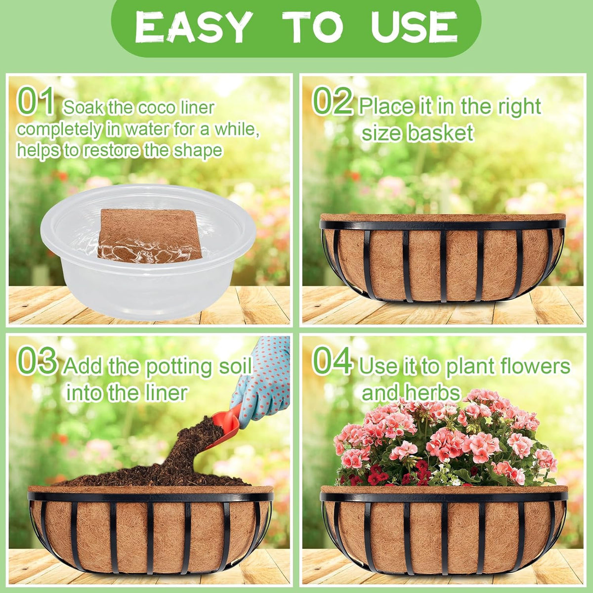 Riare 4 Pack 30 Inch Trough Coco Coir Liners for Planters, Pre-Formed Coconut Coir Replacement Liner Natural Coco Fiber Window Box Liners for Wall Planter, Window Basket Deck Railing Planter