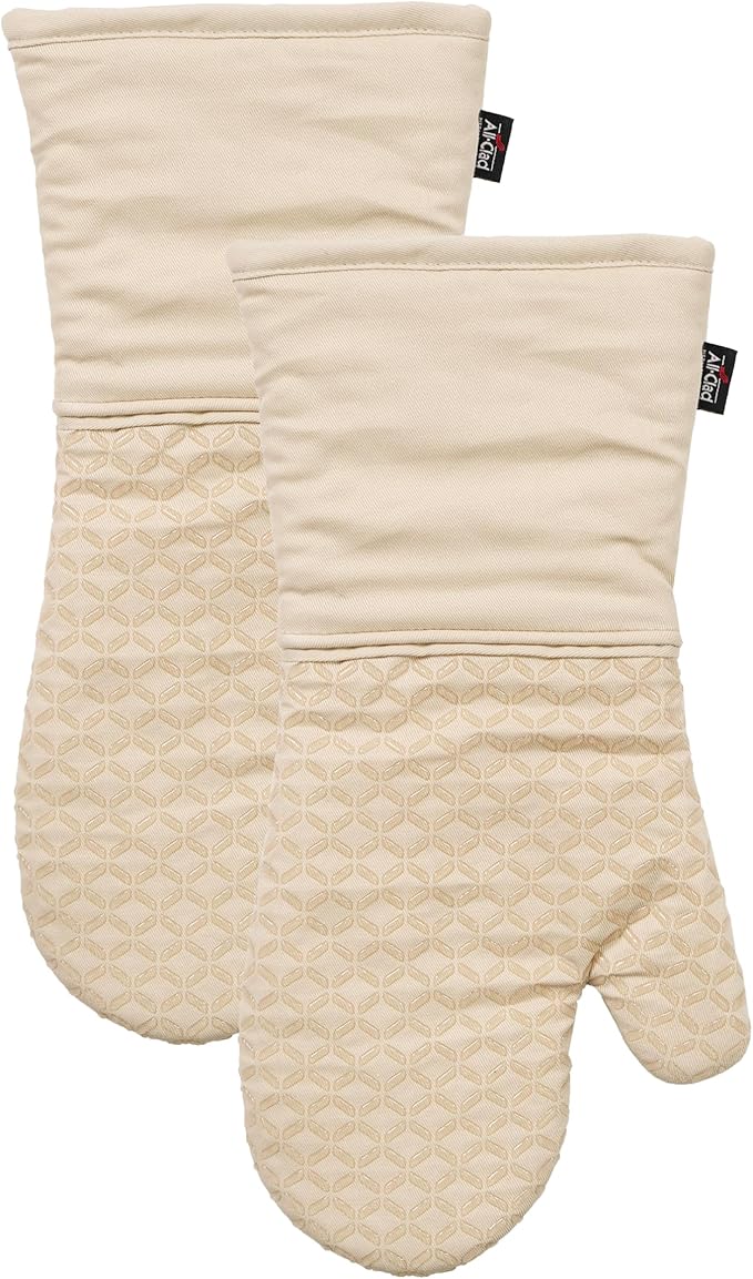 All-Clad Premium Ogee Silicone Printed Oven Mitt: Heat Resistant to 500 Degrees - 100% Cotton and Silicone, 14"x7" Oven Mitt for Kitchen and Barbeque, 2-Pack, Toast