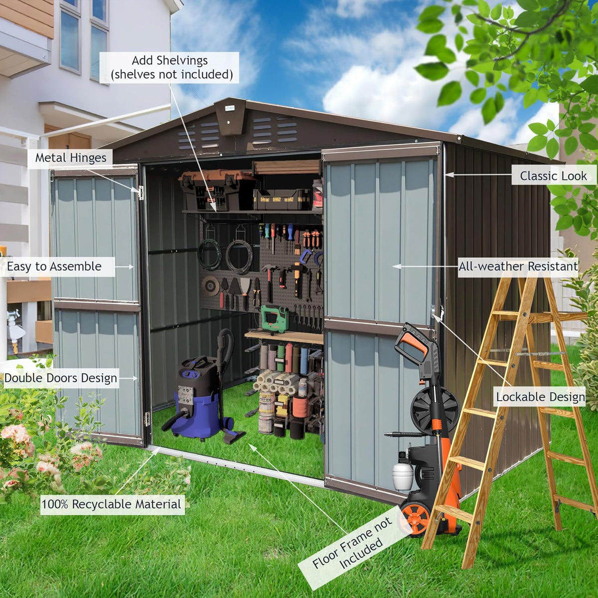 Domi Backyard Storage Shed 8.2’ x 6.2’ with Galvanized Steel Frame,Outdoor Garden Shed Metal Utility Tool Storage Room with Latches and Lockable Door for Balcony Lawn Poolside (Dark Brown)