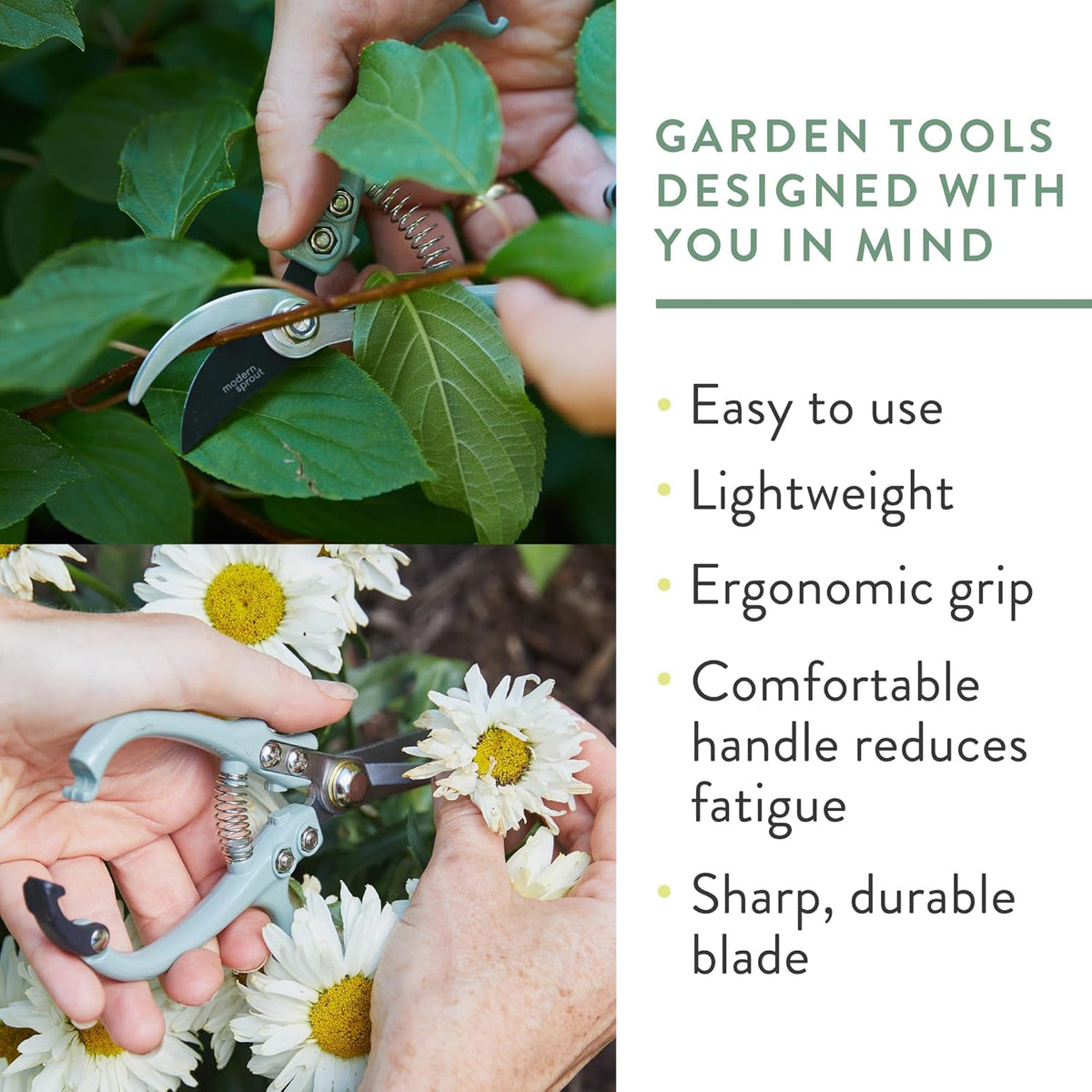 Modern Sprout Hand Pruners & Shears Set - Lightweight Gardening Tools W/Easy Lock - Sharp Carbon Steel Blades -Rust Resistant Scissors for Herbs, Flowers - Reusable Holster - Ocean