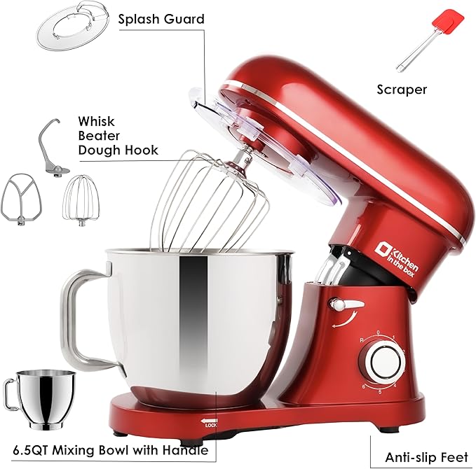 Kitchen in the box Stand Mixer - 6.5 Quart Mixing Bowl with Handle, 900 Watt Heavy Bread Dough Standing Mixers Tilt-head with Dough Hook, Whisk, Flat Beater and Splash Guard (Red)