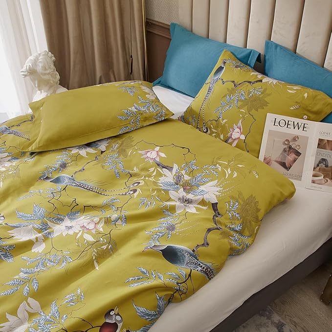 Garden Style Birds Flower Comforter Set Full Size Vintage Floral Boho Bedding Comforter Set Vibrant Color Flower Botanical Comforter with 2 Pillowcases Chic Farmhouse Bedding Comforter for All Season