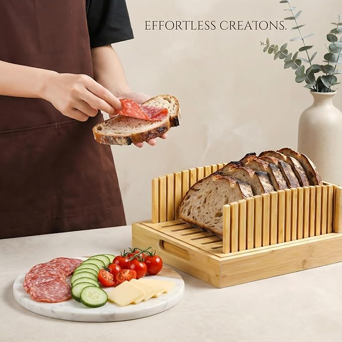 10.5" Extra Sourdough Bread Slicer Guide - Premium Bamboo Bread Cutter with Crumb Tray & Serving Board - Artisan Bread Slicing Guide for Homemade Boules, Sourdough Tools & Gifts