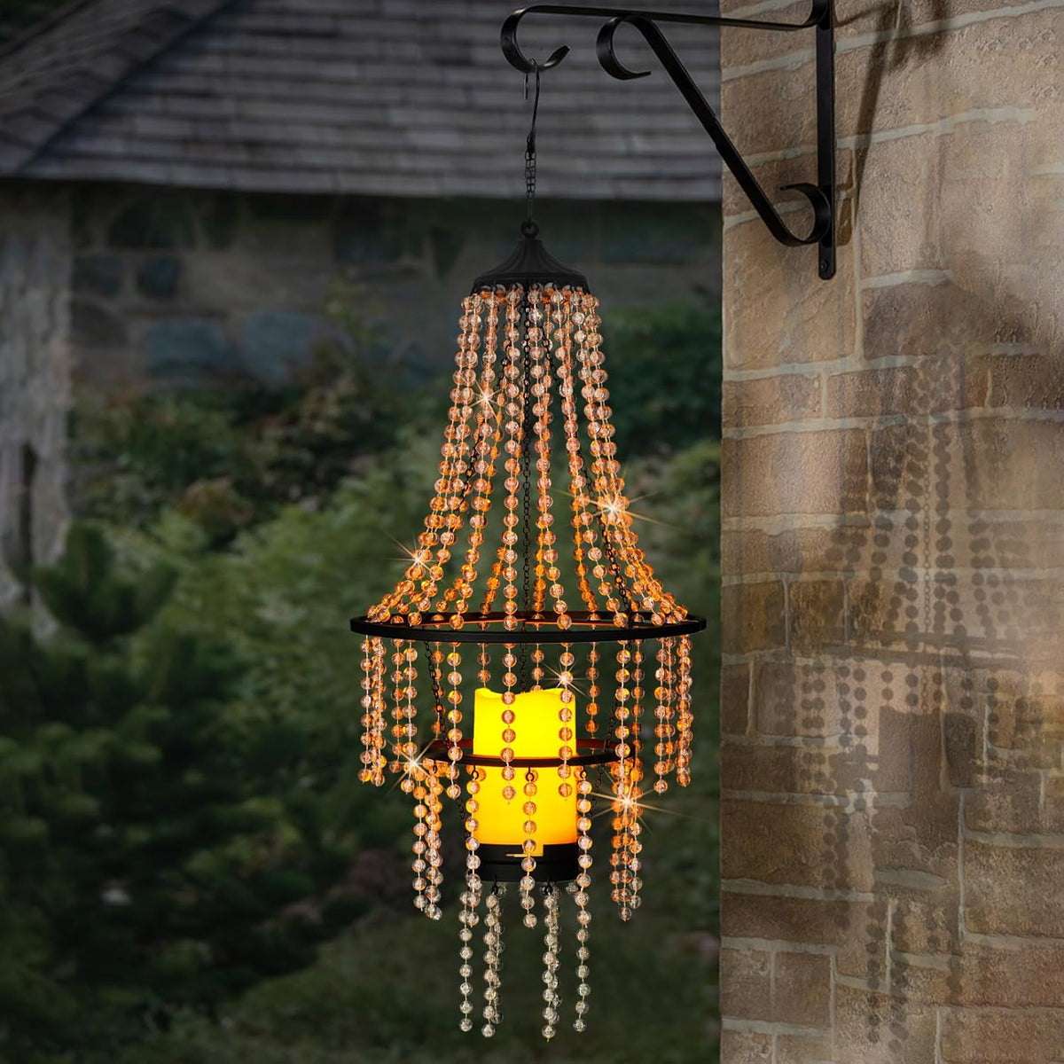 Battery Operated Hanging Chandelier Outdoor Indoor, 28” Modern Acrylic Crystal Hanging Beaded Lantern with Led Candle Light, Pendant Lights Decor for a Gazebo, Garden, Backyard, Patio, Balcony, Porch