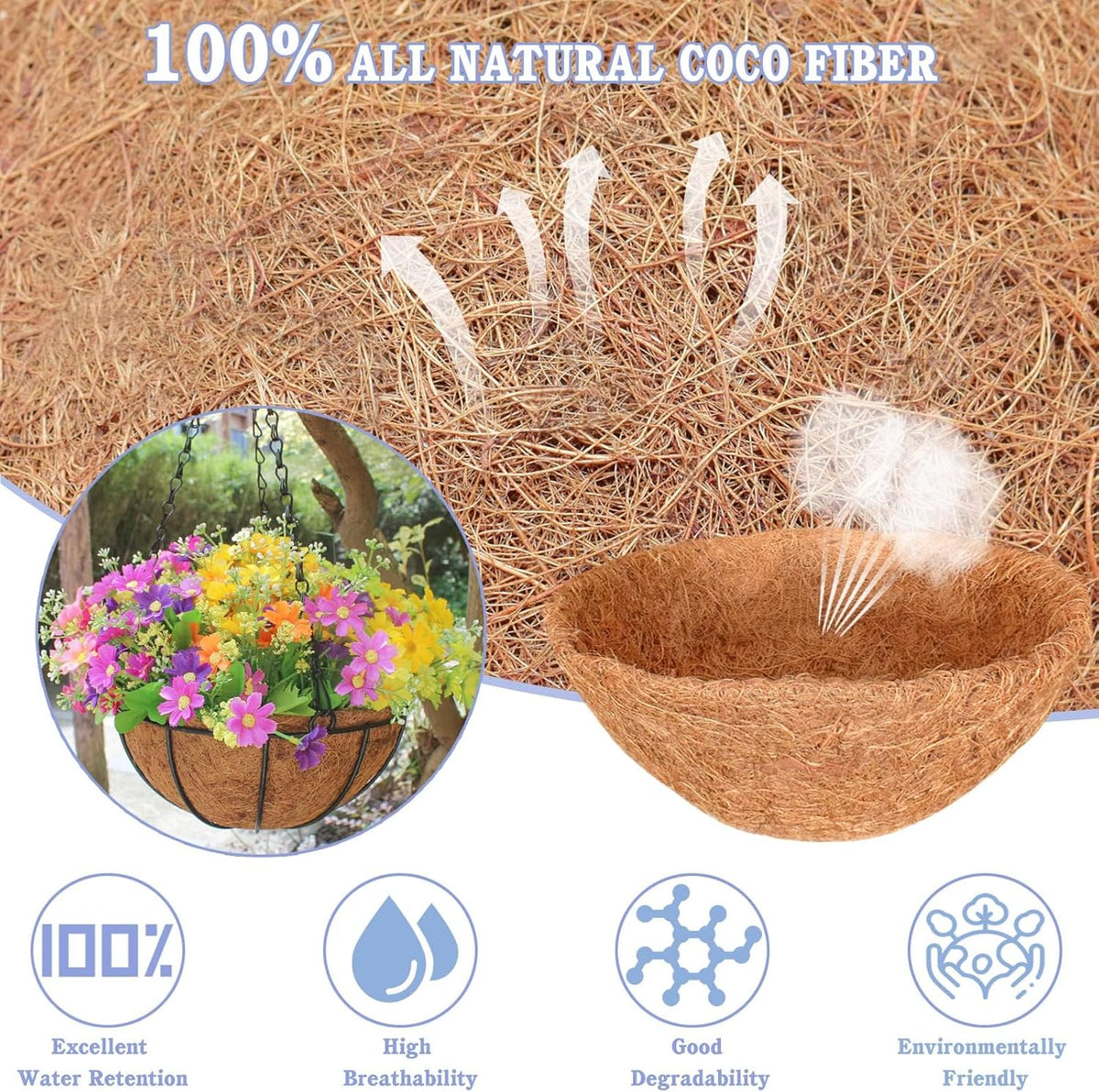 Halatool 4PCS 18 Inch Coconut Liners - 100% Natural Coco Fiber Round Liners for Planters, Flowers, Vegetables