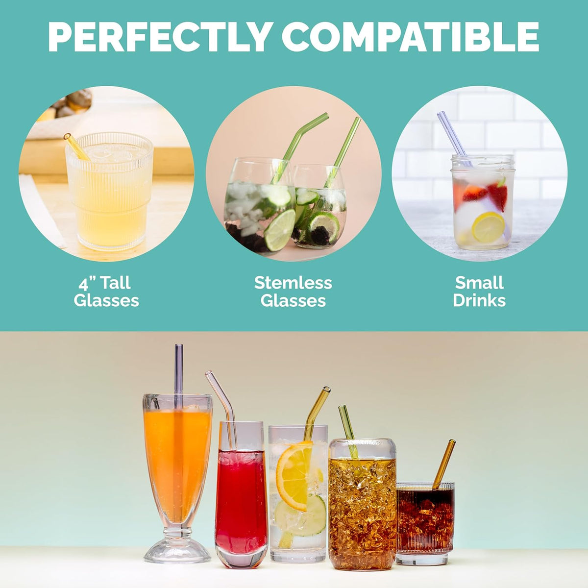 Simply Straws 6 Inch Glass Straws Straight (6-Pack) – Reusable Glass Straws for Low Balls & Stemless Glasses, with Cleaning Brush – Dishwasher Safe, Hot & Cold Use, BPA-Free (Meadow)