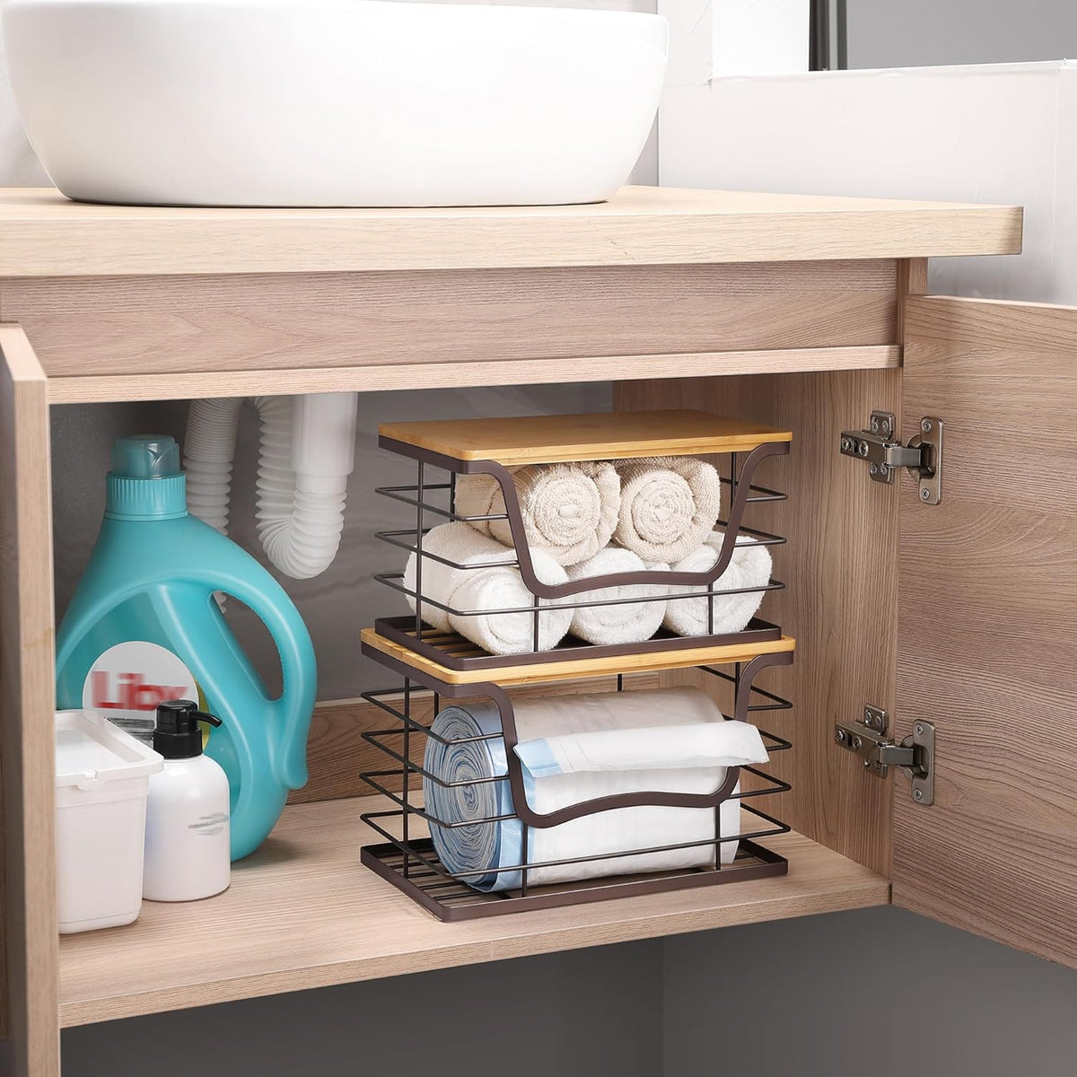 Trash Bag Dispenser Holder for Kitchen 2 Pack Brown Finish Garbage Bag Organizer Wall Mount Stackable Bin with Bamboo Lid for Countertop, Under Sink, Laundry Room