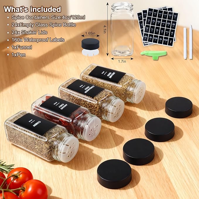 48Pcs Spice Jars Containers with Labels，4oz Black Seasoning Bottles with Shaker Lids for Rack, Cabinet, Drawer,Empty Square Condiment Pots (48, Black)