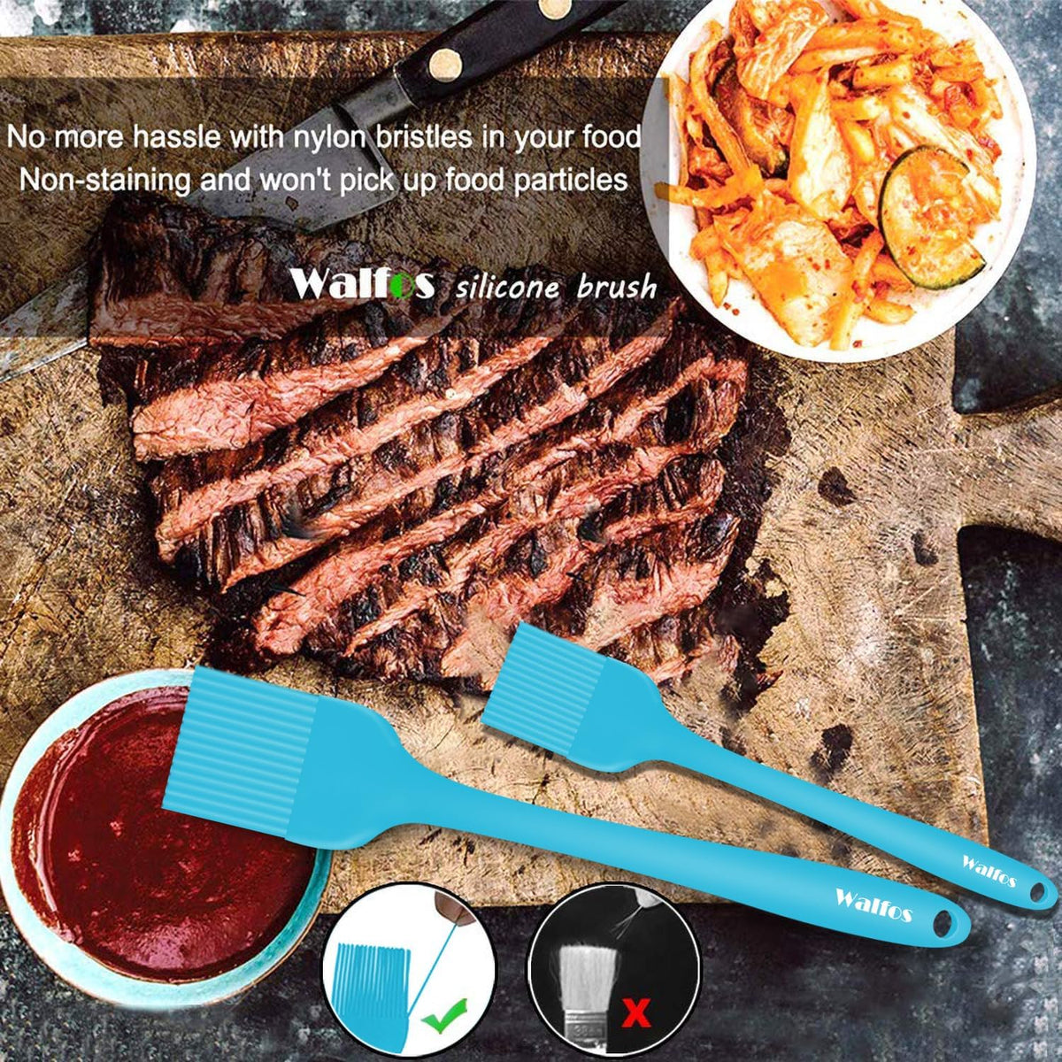 Walfos Silicone Basting Pastry Brush, Heat Resistant Pastry Brush Set, Strong Steel Core and One-Pieces Design, Perfect for BBQ Grill Baking Kitchen Cooking, BPA Free and Dishwasher Safe, 2 Pcs (Blue)