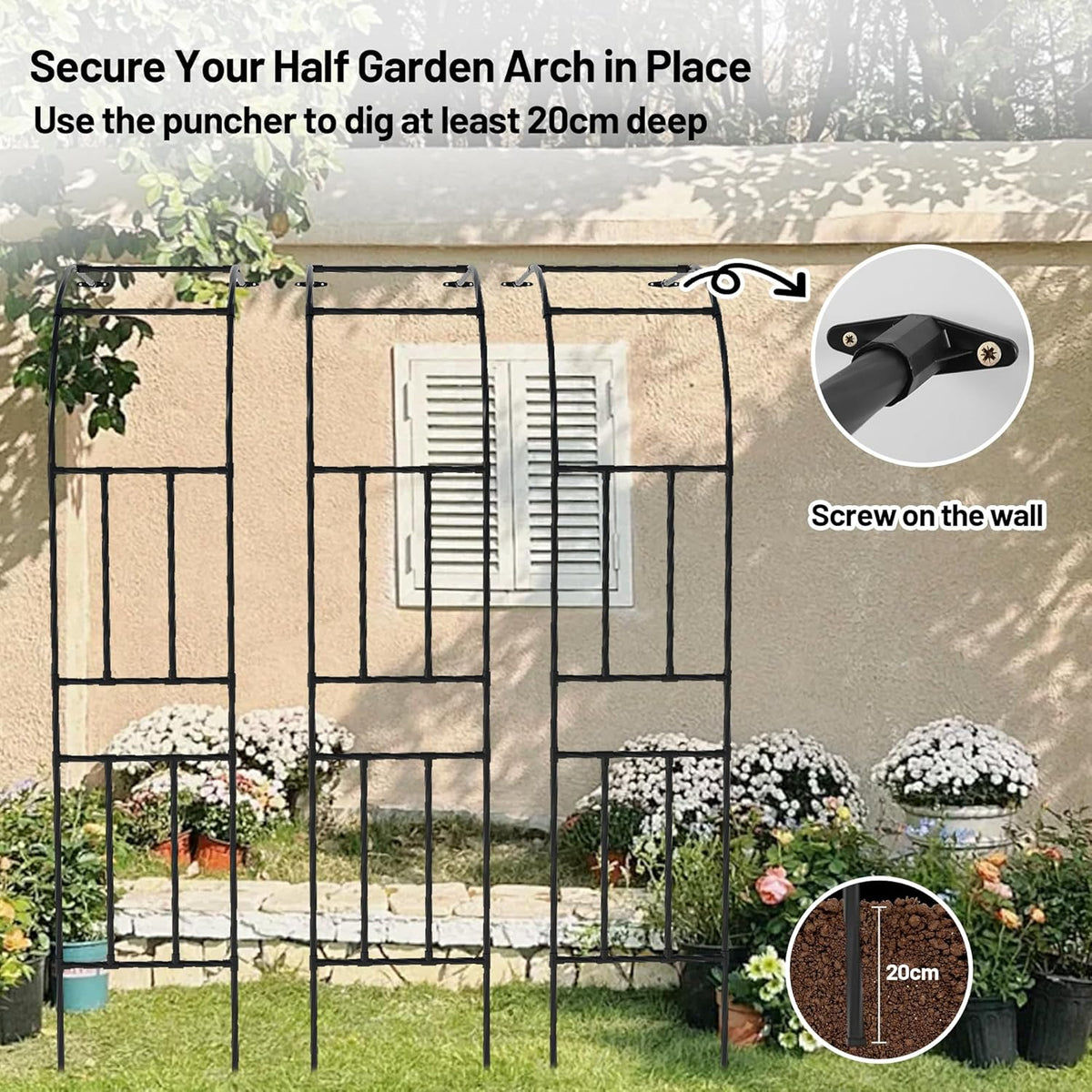 Twira Half Side Garden Arch Trellis, 7.9FT Metal Garden Arbor Trellis for Climbing Plants Outdoor, Black Half Arch Wedding, Garden Archway Arbors and Trellises Decoration for Lawn, Patio, Backyard