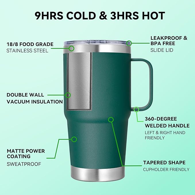 20 oz Stainless Steel Tumbler with Handle Metal Insulated Coffee Travel Mug with Handle Double Wall Tumbler Cup with Lid and Straw, Dark Green 1 Pack