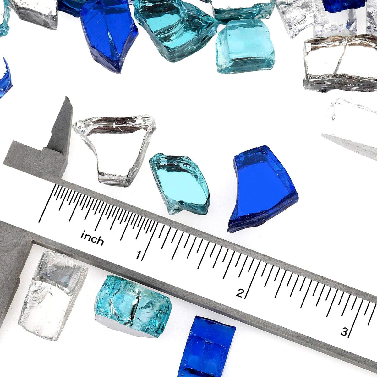 Mr. Fireglass 10 Pounds Blended Fire Glass - 1/4 Inch Mixed Colored High Luster Reflective Tempered Glass Rocks for Fireplace Fire Pit Table Fireplace and Landscaping, Aqua Blue+Cobalt Blue+Platinum