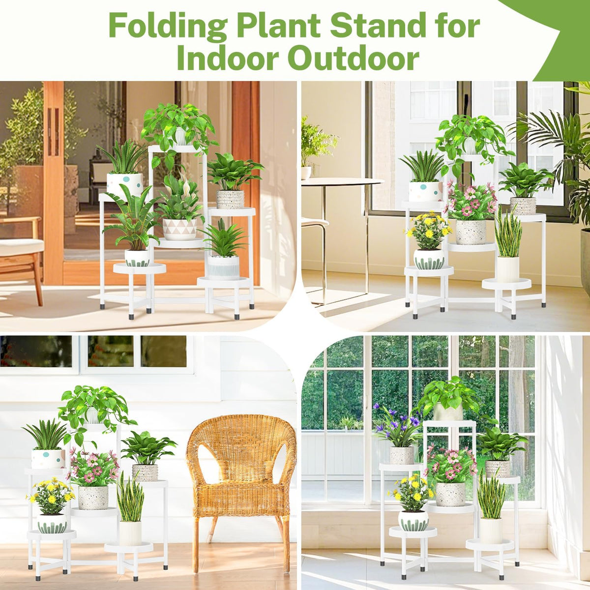 iDavosic.ly 6 Tier Folding Plant Stand Indoor Outdoor with Plastic Tray, Tiered Corner Flower Holder Shelf, Metal Orchid Display Rack for Patio Porch Living Room Garden Balcony, White