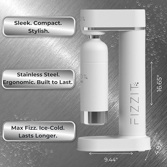 Fizzit Spärklï Stainless Steel Sparkling Water Maker with 2 CO2 Cylinders & 1L Reusable Bottle – Soda Streaming Machine Carbonated Water Maker for Home – No Electricity Needed, Dishwasher Safe