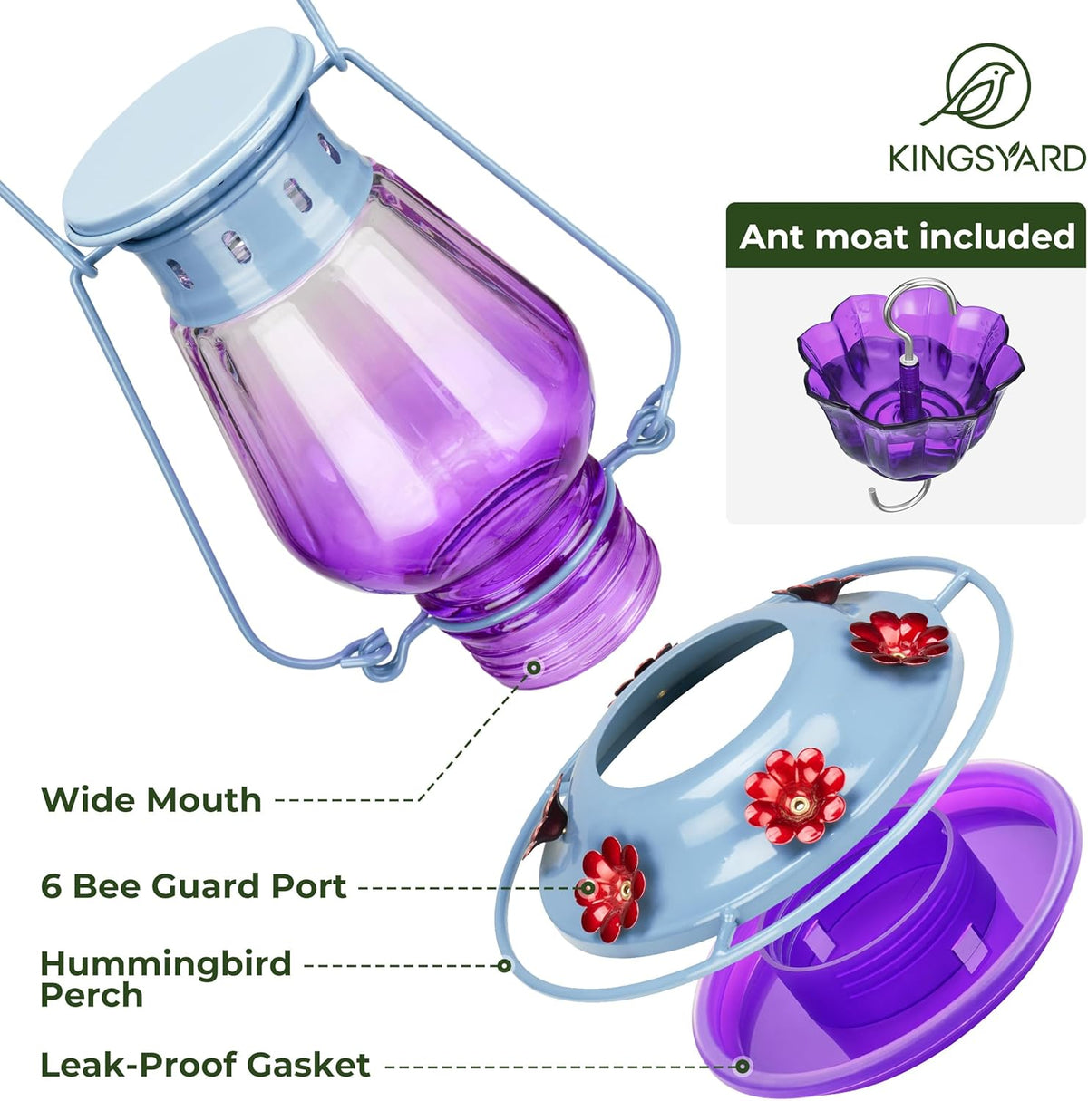 Kingsyard Glass Hummingbird Feeder for Outdoors Hanging - Vintage Lantern Style Leak-Proof Humming Bird Nectar Feeder with 6 Feeding Ports & Ant Moat for Outdoor Garden Decor, 24 Ounce, Purple