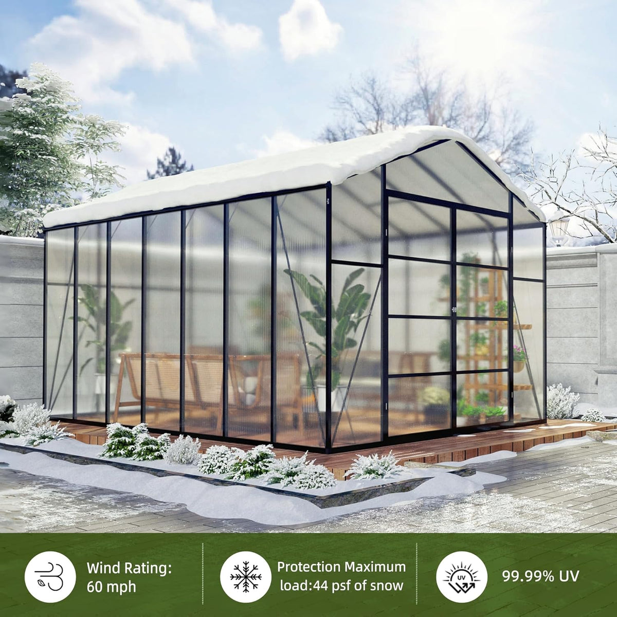 120 * 168 * 104in Greenhouse for Outdoors,Polycarbonate Greenhouse with Stronger Wind Protection and Roof Vent,Walk-in Large Aluminum Sunroom Winter Proof,Black
