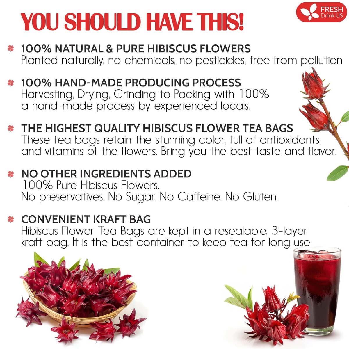 FreshDrinkUS, Premium 235 Hibiscus Flowers Tea Bags, 100% Natural, Pure from Hibiscus Flowers. Loose Flower Hibiscus Herbal Tea. Hibiscus Flower Tea. No Sugar, No Caffeine, No Gluten, Vegan.