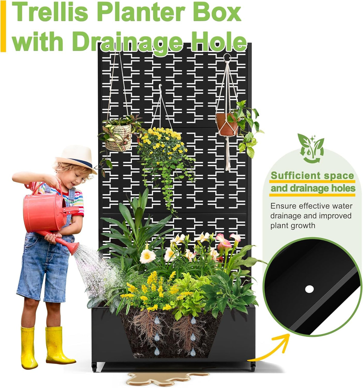 FENCY Metal Raised Garden Bed with Wheels and Trellis,73"x35"x16" Planter Box for Climbing Plants, Vegetables & Vines, Features Privacy Screen and Drainage Holes (Black-Brick)