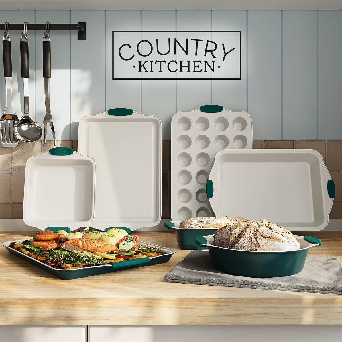 Country Kitchen Nonstick Stackable Bakeware Set - Heavy Duty, Durable, Easy Release Baking Set, Sage, 10 Pcs