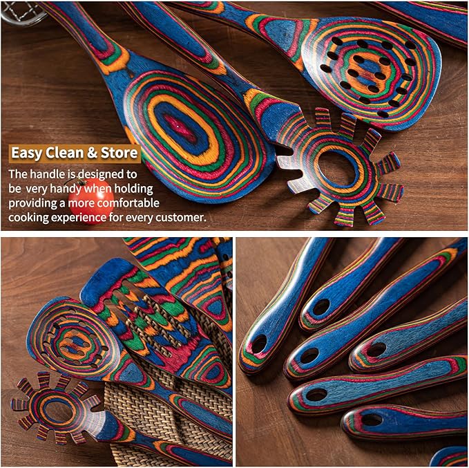 Gudamaye Pakka wood 7-Piece Blue Wooden Cooking Utensils, Wooden Spoons for Cooking, Wooden Spoon Set, Wooden Kitchen Utensil set, Pakkawood Cooking Spoons, Non-Stick Spoon,Pakkawood kitchen utensils
