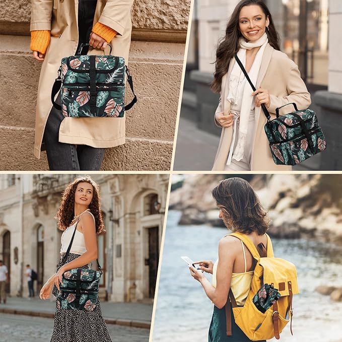 PBRO Double Deck Insulated Lunch Bag for Women,Large Reusable Lunch Box with Adjustable Shoulder Belt,Side Pockets,Cute Tropic Leaves Leakproof Lunch Tote Cooler Bag for Adult Picnic,Working -Green