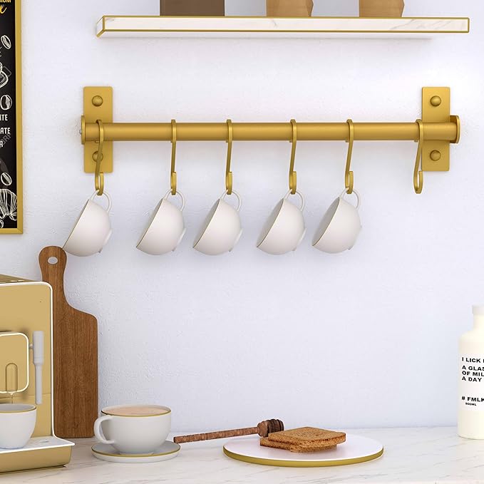 Dseap Kitchen Utensil Holder Hanger, Pot and Pan Rack Wall Mounted, Kitchen Rail with 8 Hooks for Hanging Cooking Utensils, Mugs, Spoons, Wall Mounted, Gold