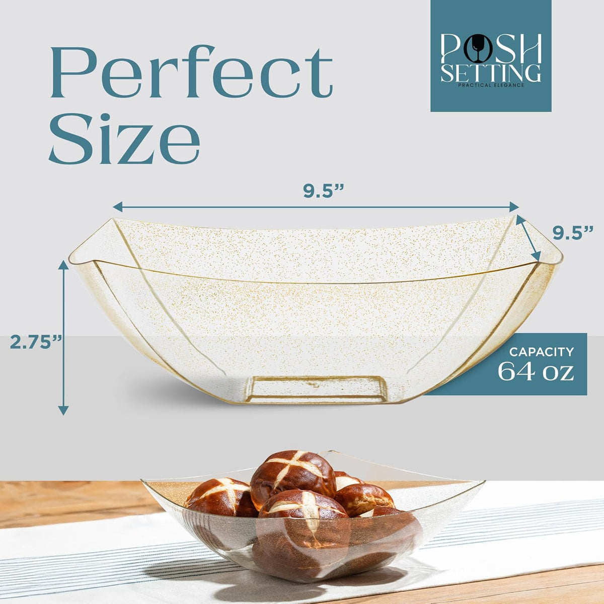 Posh Setting - Gold Glitter Plastic Serving Bowls for Party (64oz - 4 Pack) Square Bowls, Disposable Chip Bowls, Candy Bowls for Party Table, Salad Bowls for Party, Candy Containers for Candy Buffet