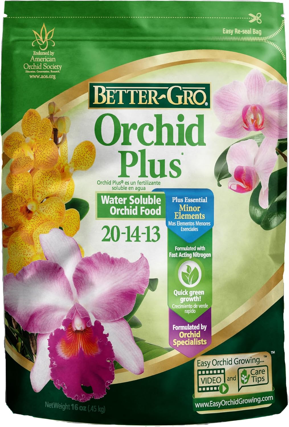 Better-Gro Orchid Plus 20-14-13 - Urea-Free Orchid Fertilizer for Vigorous Growth, Water Soluble, Nitrate Nitrogen-Rich, Ideal for Indoor Potted Plants and Tropical Plants - 16 oz Resealable Bag