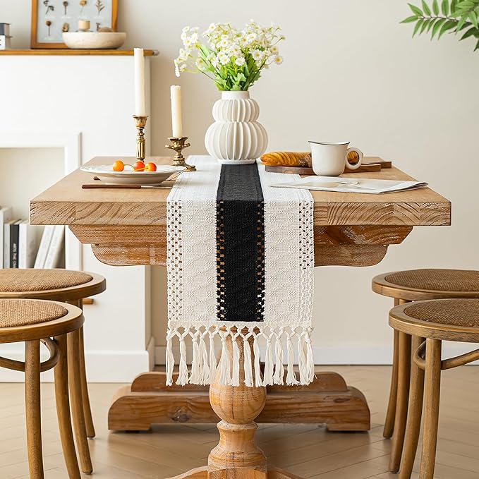 FEXIA Boho Table Runner for Home Decor with Tassels 90 Inches Long,Black Farmhouse Rustic Table Runner Macrame Burlap Table Decoration for Living Room Bridal Shower(12x90 Inches)
