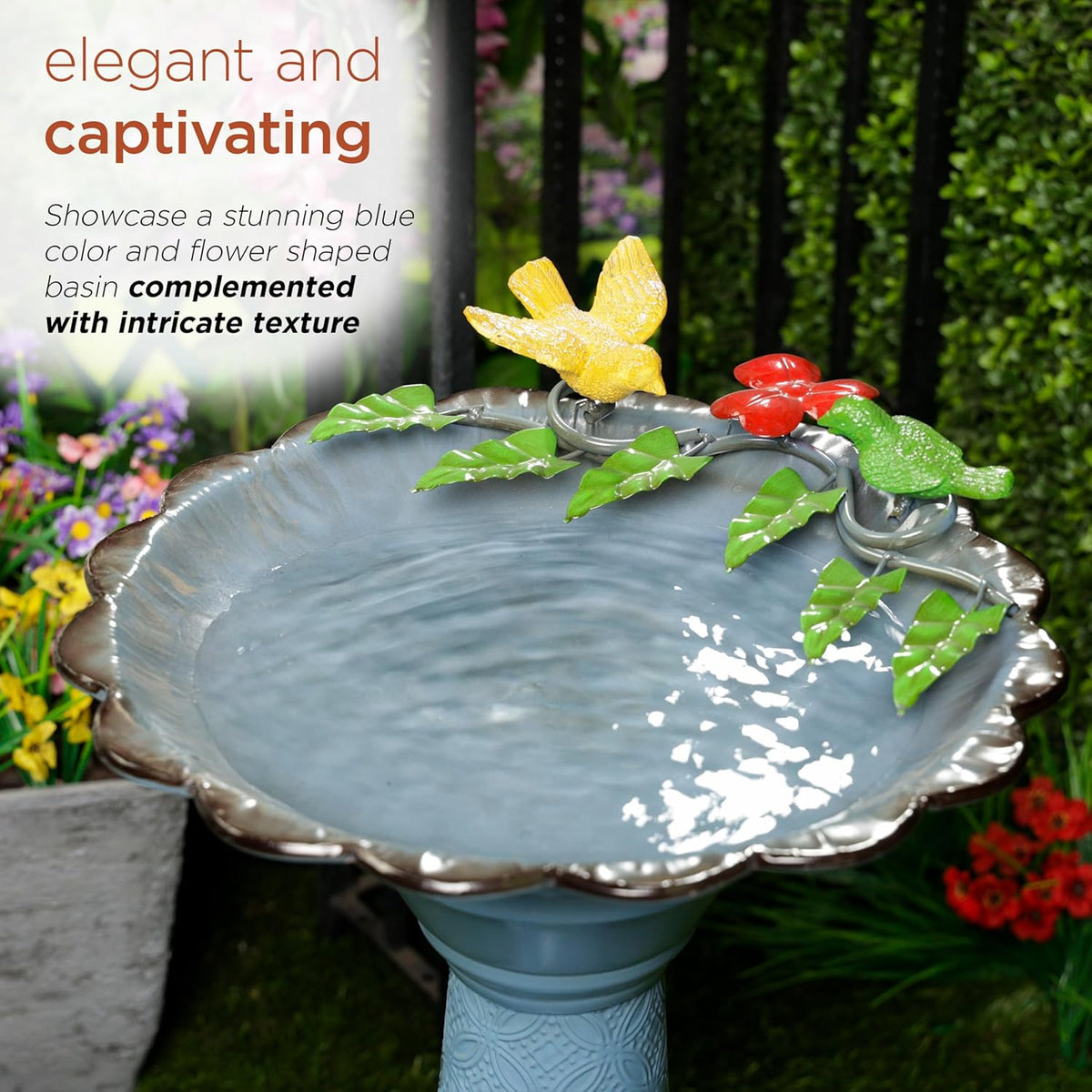 Alpine Corporation ORS112BL Vintage Metal Pedestal Birdbath with Stand, Shallow Bird Bath Bowl for Outside, 28" H, Blue