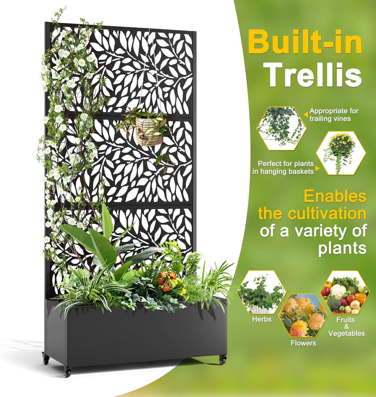 FENCY Metal Raised Garden Bed with Wheels and Trellis,73"x35"x16" Planter Box for Climbing Plants, Vegetables & Vines, Features Privacy Screen and Drainage Holes (Black-Leaf-2)