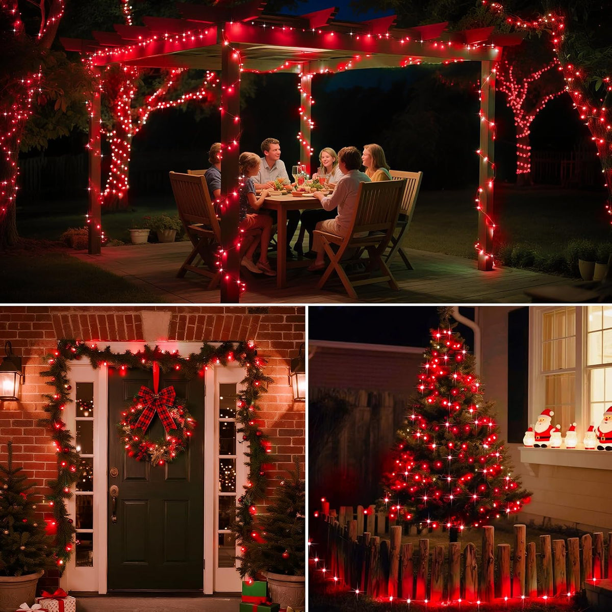 4 Pack Solar String Lights Outdoor - 320LED 132FT Solar Fairy Lights Waterproof 8 Modes, Copper Wire Solar Powered Twinkle Lights for Outside Tree Garden Christmas Wedding Party Decor, Red
