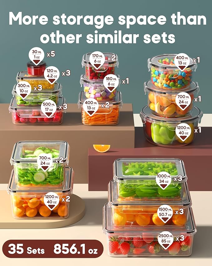 70 PCS Food Storage Containers with Lids Airtight, (35 Lids & 35 Containers) Leak proof Containers Set for Kitchen, Meal Prep, BPA-Free, PVC-Free Plastic, Microwave/Dishwasher Safe, Extra Labels & Pen