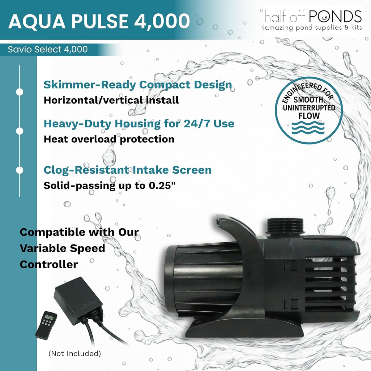 HALF OFF PONDS Savio Select 4,000 GPH Submersible Pump Pond Kit with 15' x 25' PVC Plastic Pond Liner, UV Clarifier for Water Garden & Koi Pond
