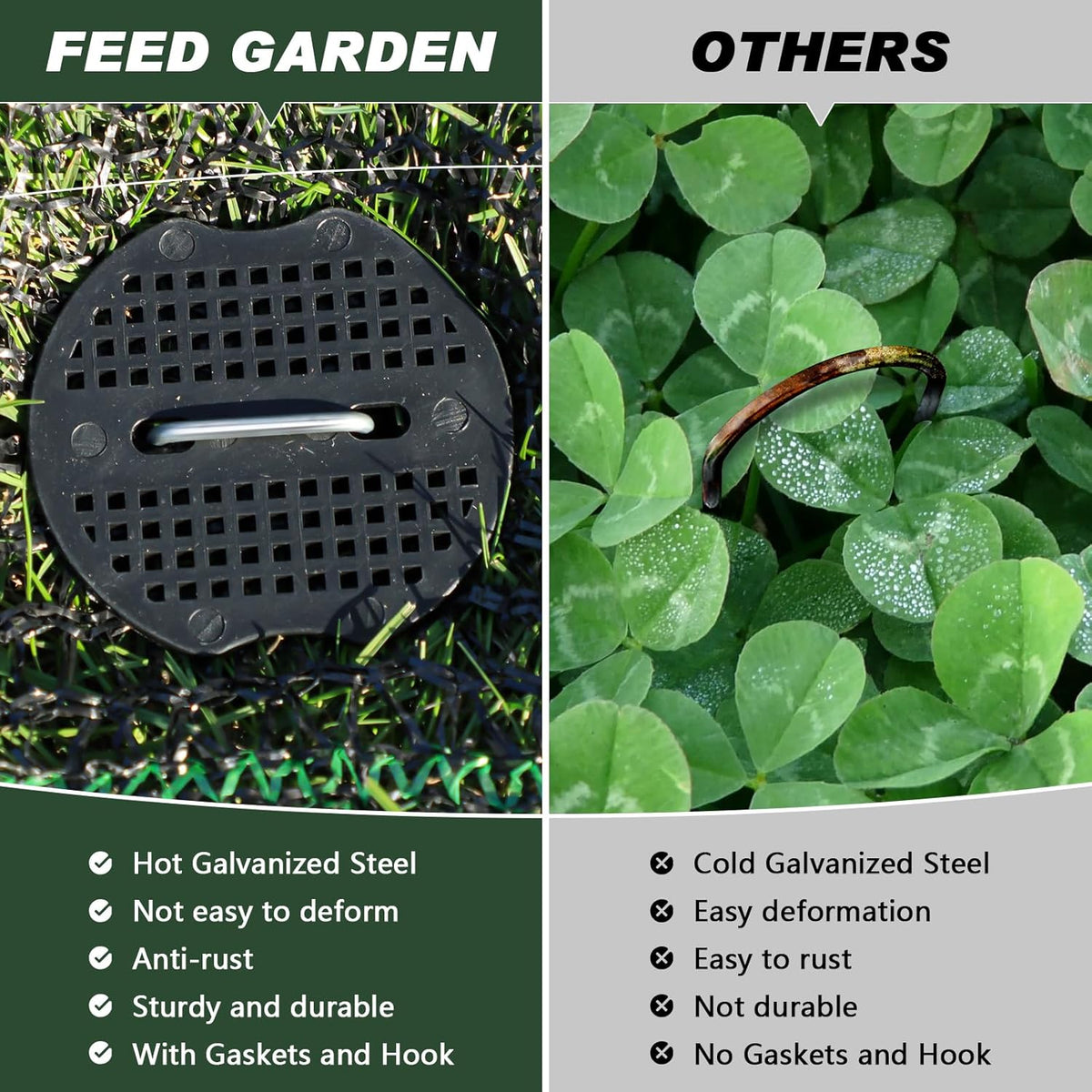 FEED GARDEN 6 Inch 100 Pcs Galvanized Landscape Staples 100 Pcs Gaskets Pick Hook Garden Stakes 11 Gauge Anti-Rust Landscaping Fabric SOD Pins U Shaped Yard Turf Stakes for Weed Barrier Fabric