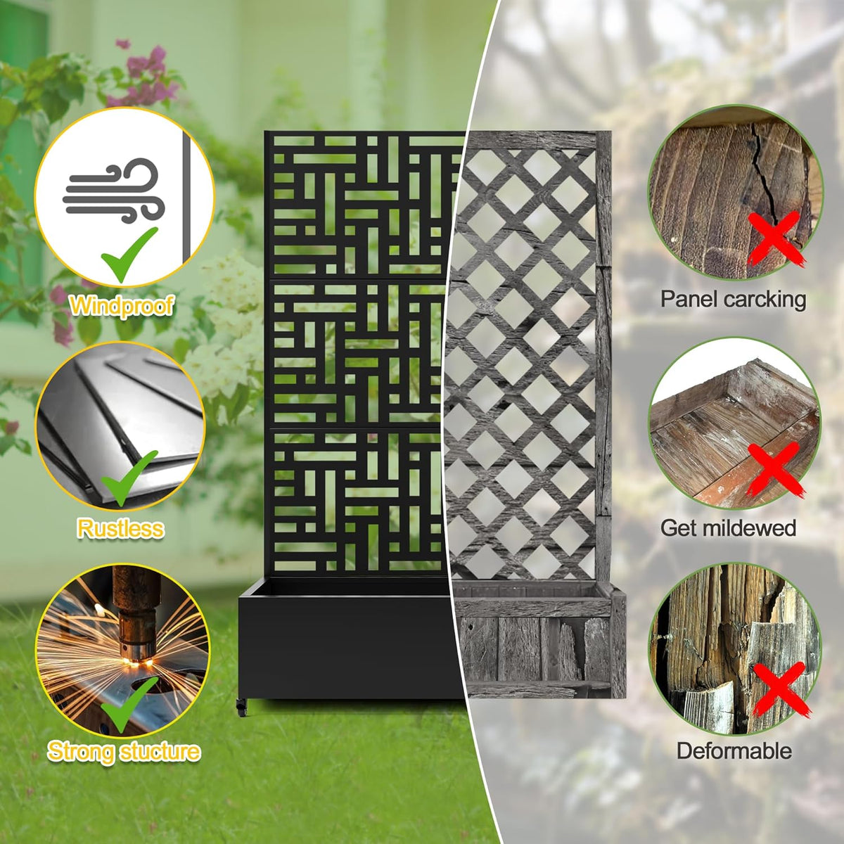 FENCY Metal Raised Garden Bed with Wheels and Trellis,73"x47"x16" Planter Box for Climbing Plants, Vegetables & Vines, Features Privacy Screen and Drainage Holes (Black-Geometric Lattice)