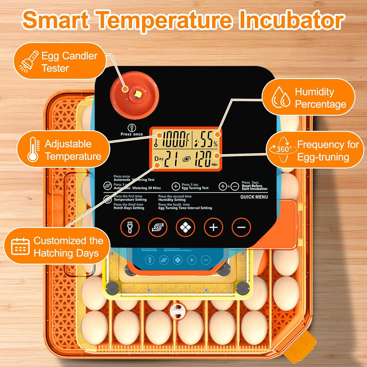 48 Egg Incubators for Hatching Eggs, Smart Egg Incubator with Automatic Egg Turning, Temperature and Humidity Control, Egg Candler, External Water Bottle Refill & Air Vent, 360° Clear View