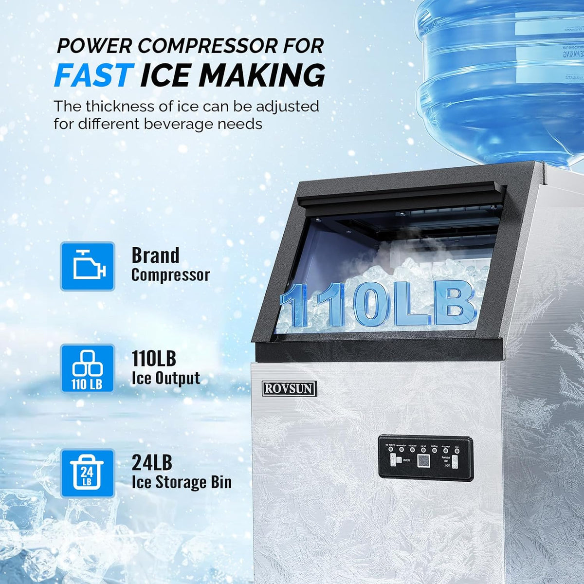 ROVSUN Stainless Steel Commercial Ice Maker Machine, Make 110lbs/24h, 24lbs Storage,Under Counter/Freestanding Automatic Ice Machine for Home Restaurant Bar Cafe